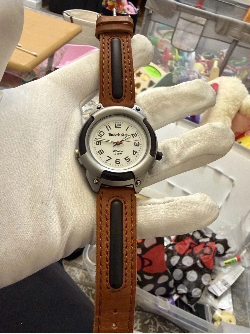 Vintage Timberland Indiglo 42mm Mens Field Watch 50M WR White Dial Leather